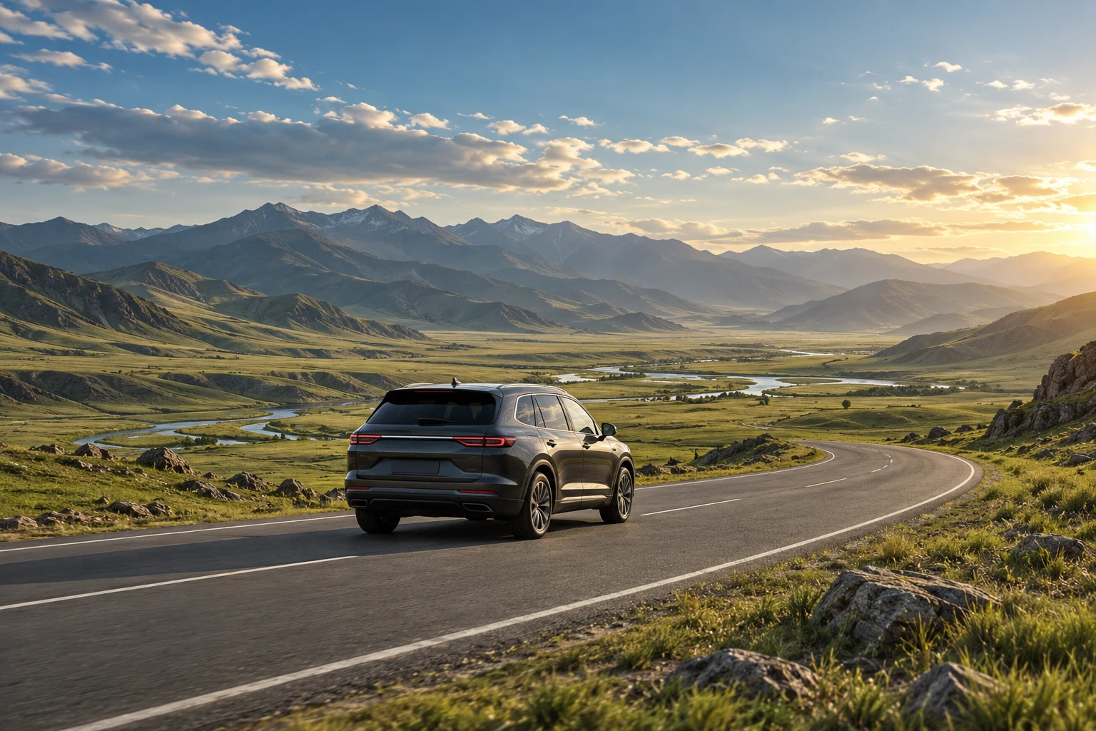Illustrative charcoal SUV on a sweeping Mongolian road
