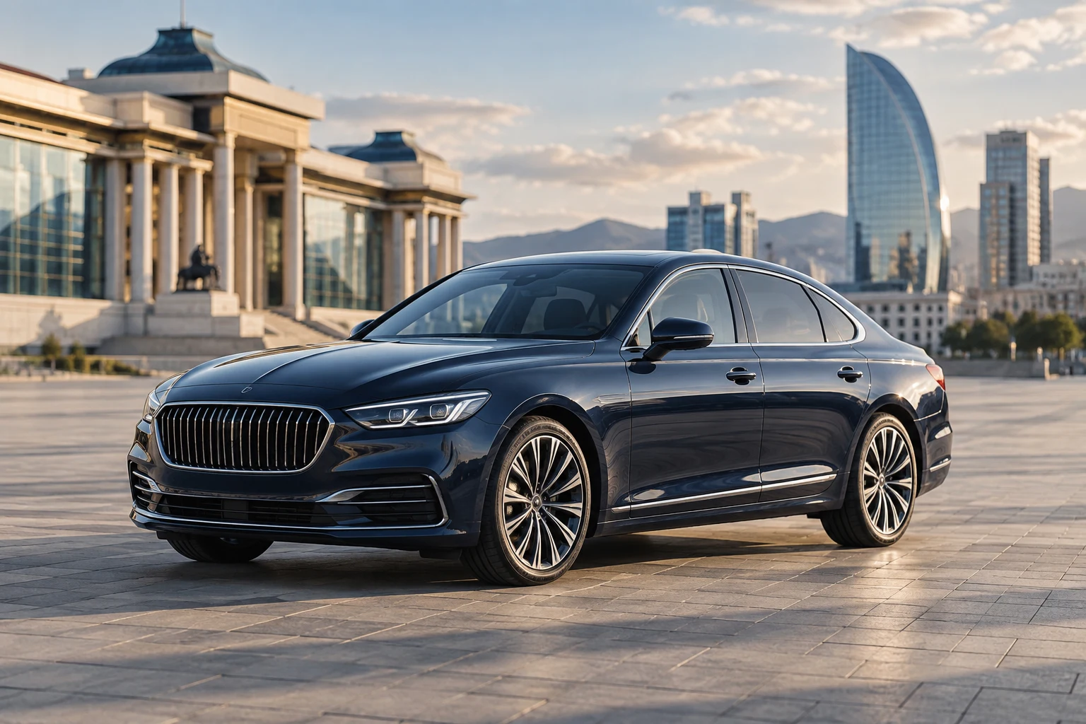 Illustrative navy sedan in a contemporary urban setting
