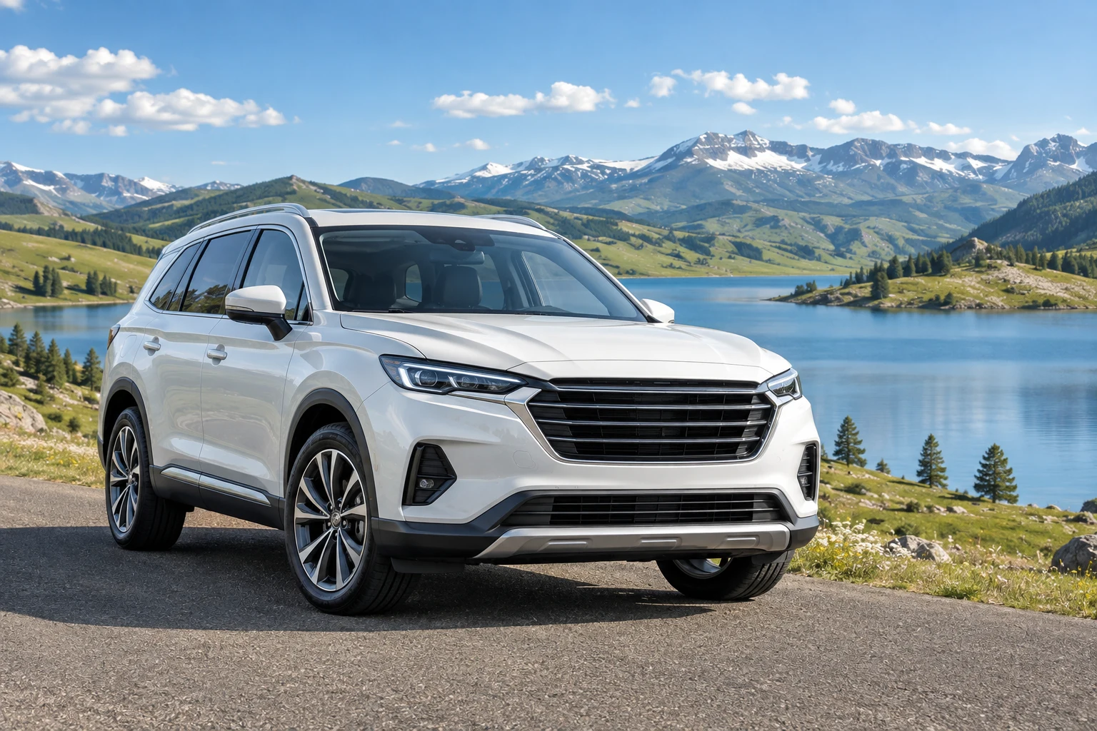 Illustrative pearl-white SUV beside a tranquil alpine lake