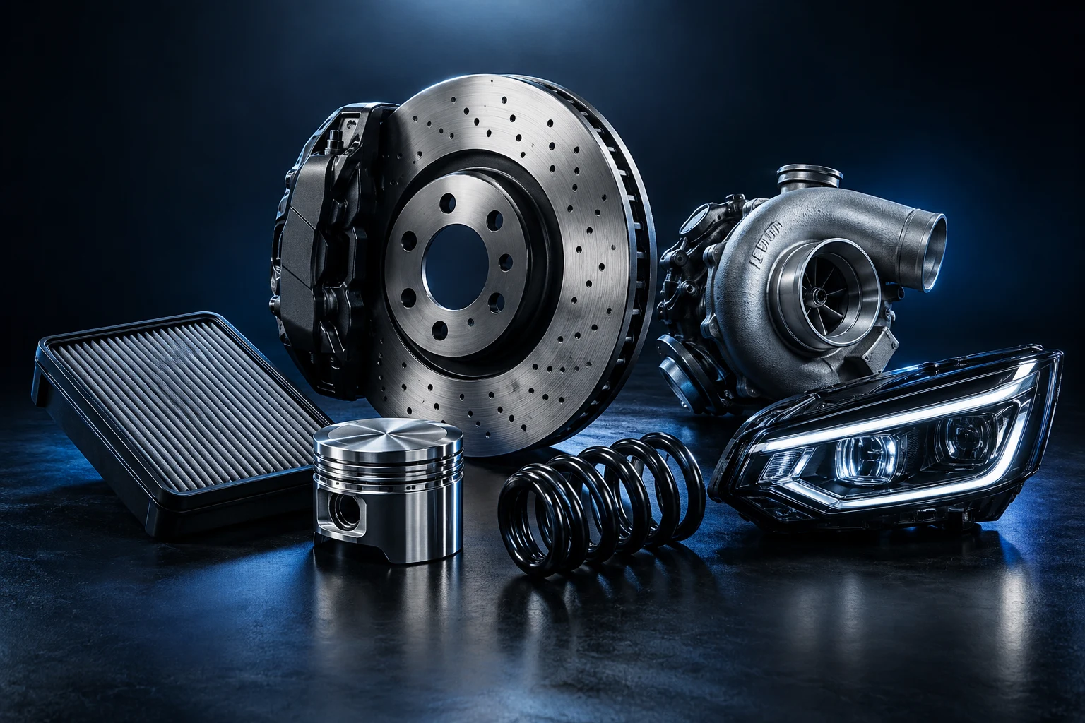 Illustrative premium automotive parts with blue studio lighting