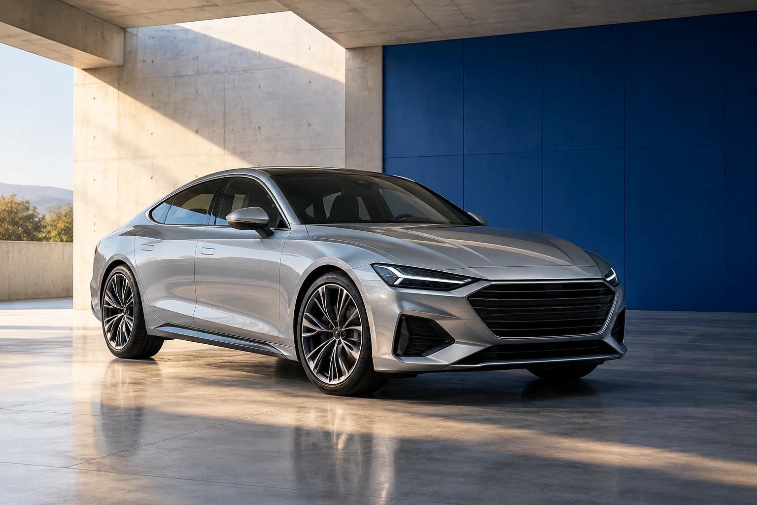 Illustrative silver fastback in a modern blue architectural setting
