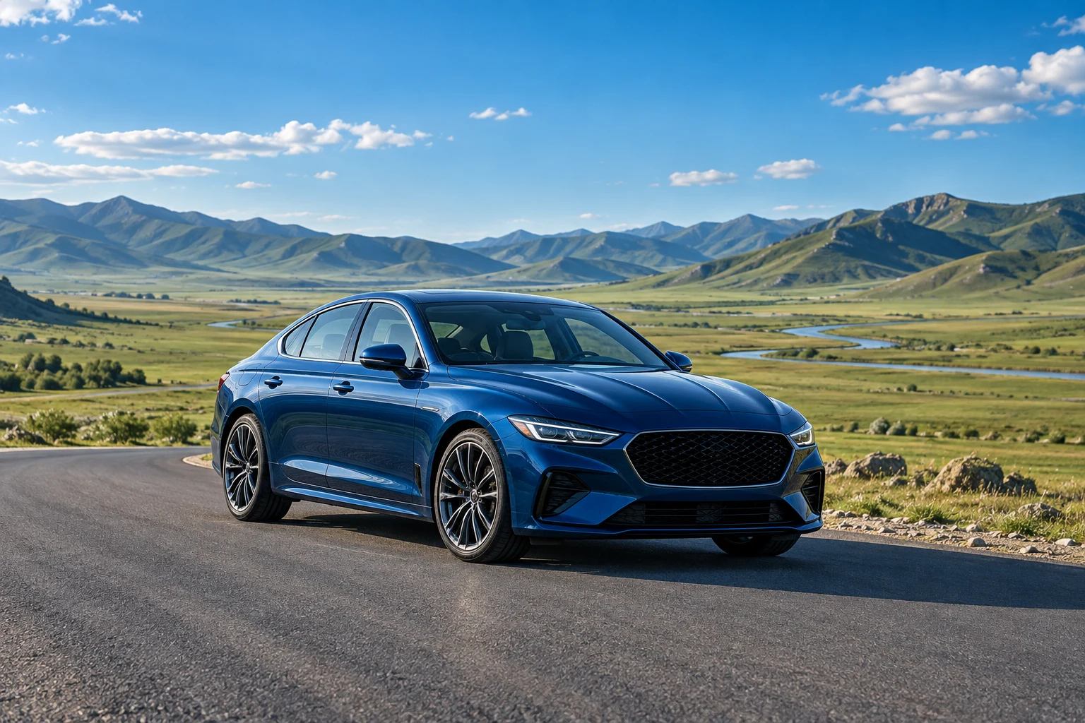 Illustrative blue sedan on a scenic open road